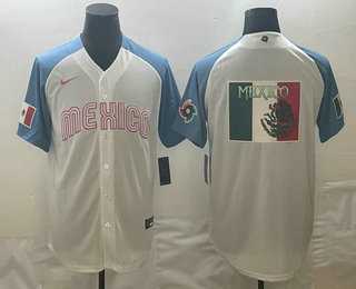 Mens Mexico Baseball 2023 White Blue World Big Logo Classic Stitched Jersey